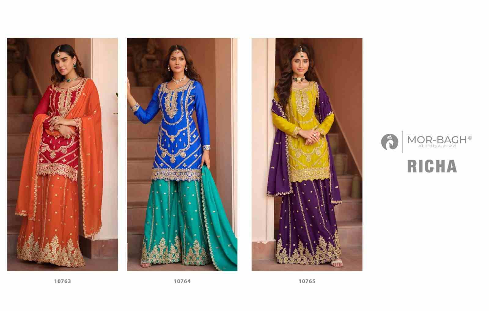 Richa By Mor-Bagh 10763 To 10765 Series Beautiful Sharara Suits Colorful Stylish Fancy Casual Wear & Ethnic Wear Chinnon Silk With Work Dresses At Wholesale Price