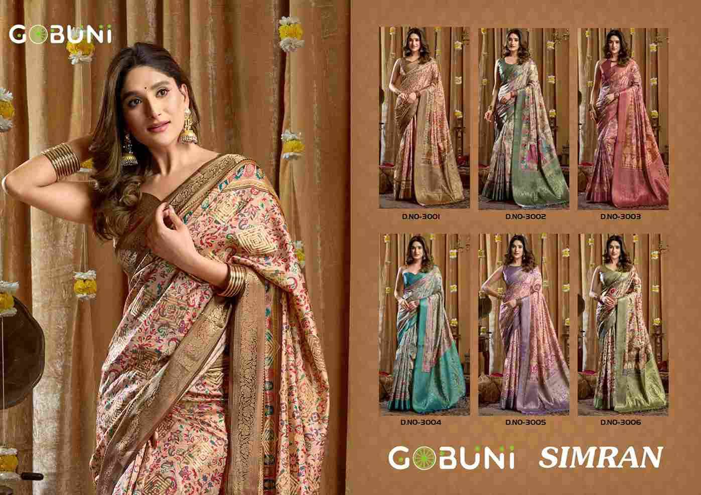 Simran By Gobuni 3001 To 3006 Series Indian Traditional Wear Collection Beautiful Stylish Fancy Colorful Party Wear & Occasional Wear Banarasi Sarees At Wholesale Price
