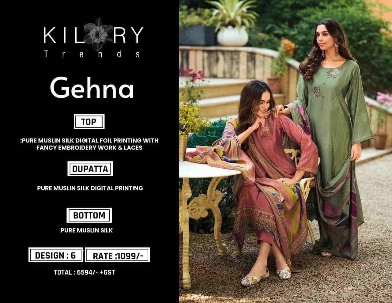 Gehna By Kilory 2101 To 2106 Series Beautiful Festive Suits Colorful Stylish Fancy Casual Wear & Ethnic Wear Pure Muslin Silk Dresses At Wholesale Price
