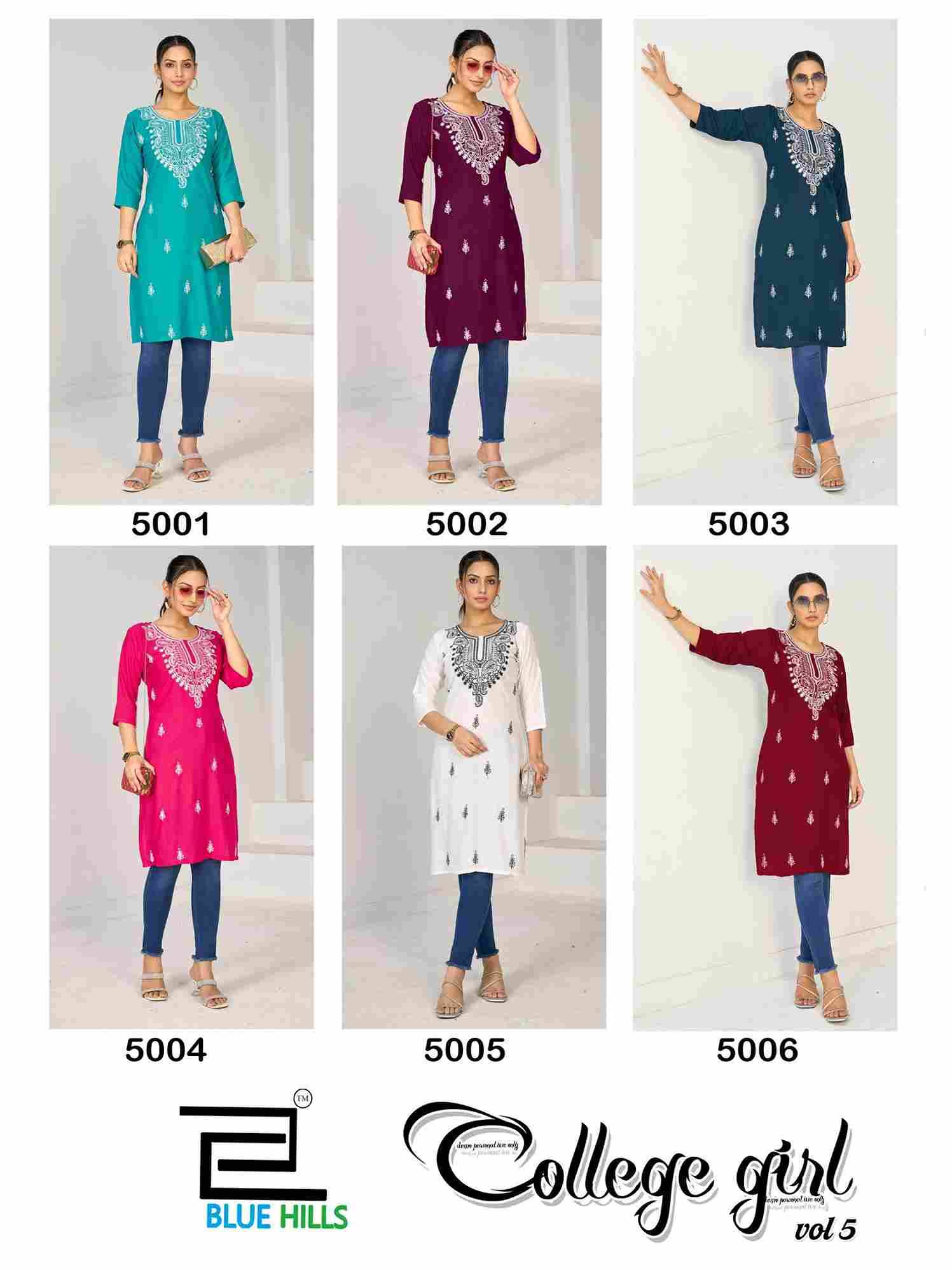 College Girl Vol-5 By Blue Hills 5001 To 5006 Series Designer Stylish Fancy Colorful Beautiful Party Wear & Ethnic Wear Collection Rayon Kurtis At Wholesale Price