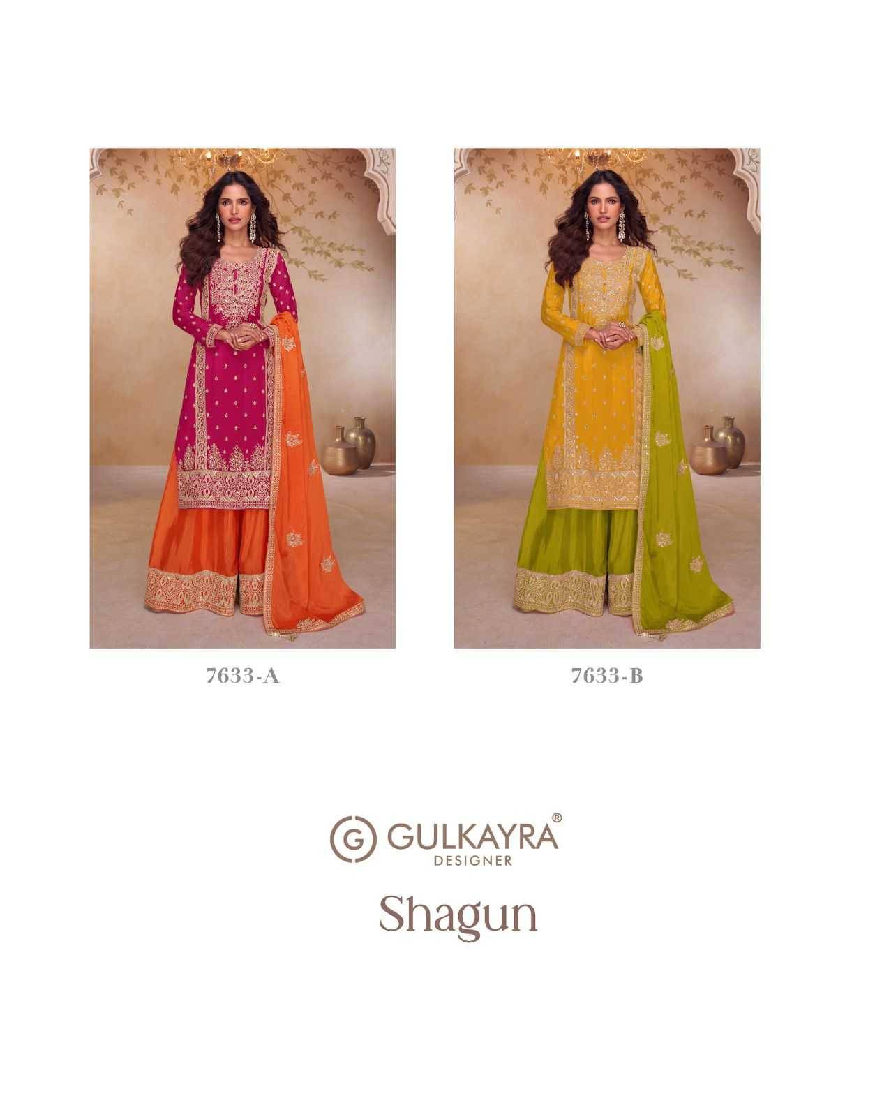 Shagun By Gulkayra Designer 7633-A To 7633-B Series Beautiful Sharara Suits Colorful Stylish Fancy Casual Wear & Ethnic Wear Chinnon Dresses At Wholesale Price