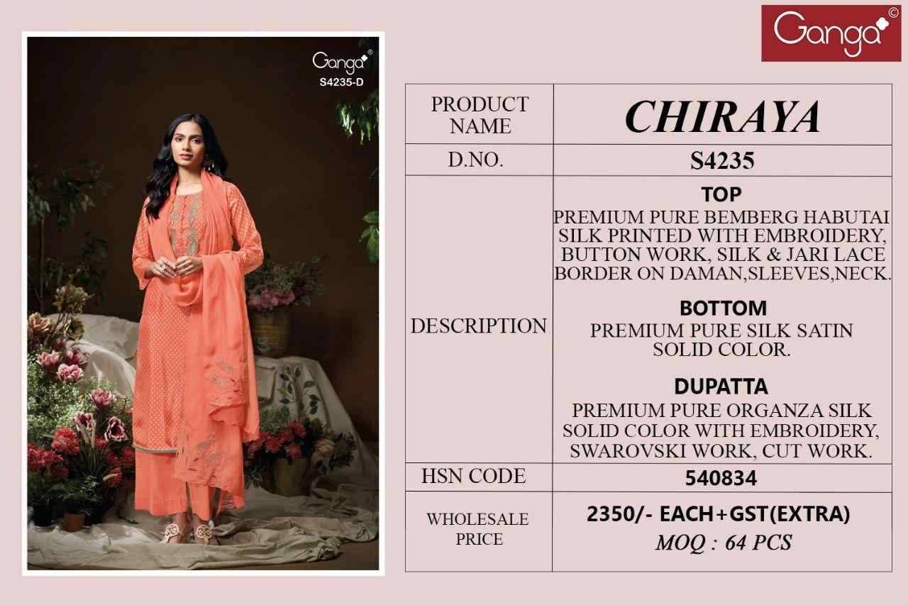 Chiraya-4235 By Ganga Fashion 4235-A To 4235-D Series Beautiful Festive Suits Stylish Colorful Fancy Casual Wear & Ethnic Wear Premium Bemberg Silk Print Dresses At Wholesale Price