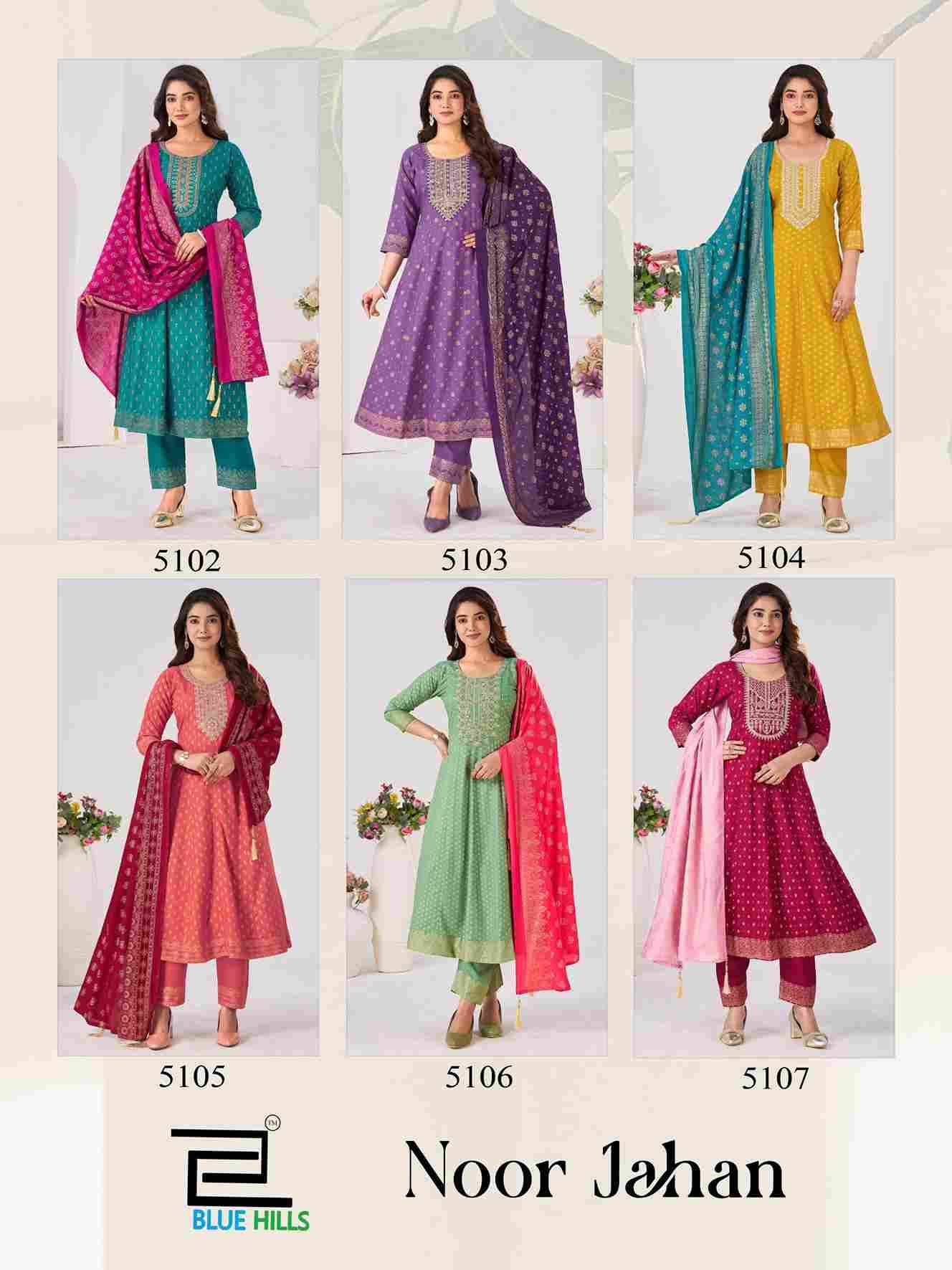 Noor Jahan By Blue Hills 5102 To 5107 Series Designer Stylish Fancy Colorful Beautiful Party Wear & Ethnic Wear Collection Rayon Foil Print Dresses At Wholesale Price