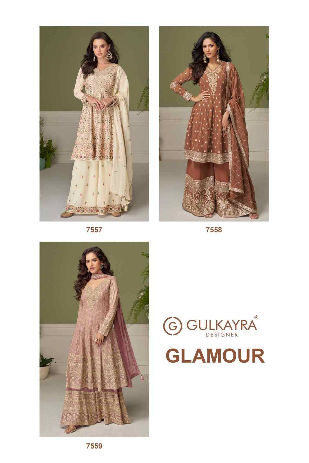 Glamour By Gulkayra Designer 7557 To 7559 Series Beautiful Sharara Suits Colorful Stylish Fancy Casual Wear & Ethnic Wear Georgette Dresses At Wholesale Price
