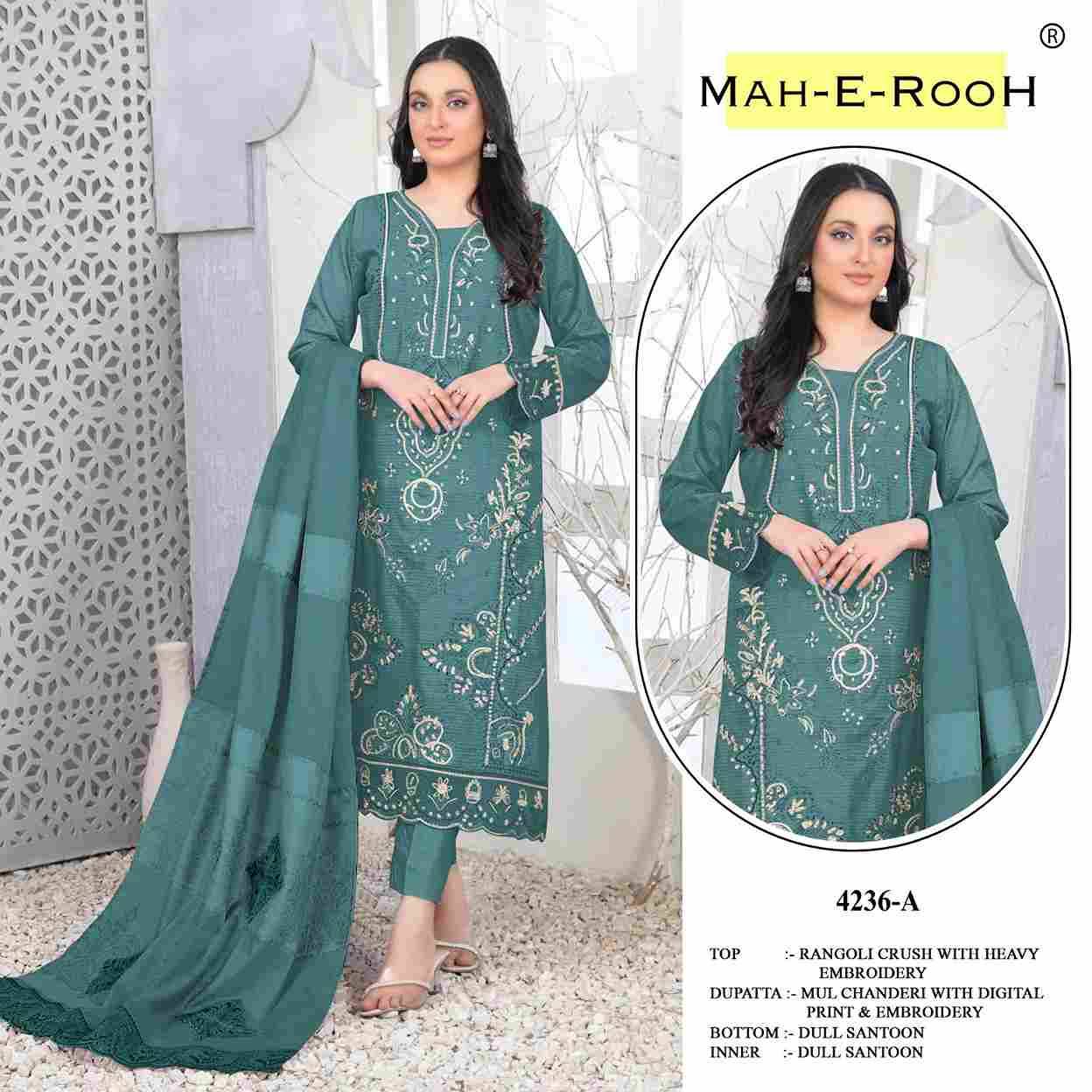 Mah-E-Rooh 4236 Colours By Fashid Wholesale 4236-A To 4236-D Series Beautiful Stylish Pakistani Suits Fancy Colorful Casual Wear & Ethnic Wear & Ready To Wear Rangoli Crush Embroidery Dresses At Wholesale Price