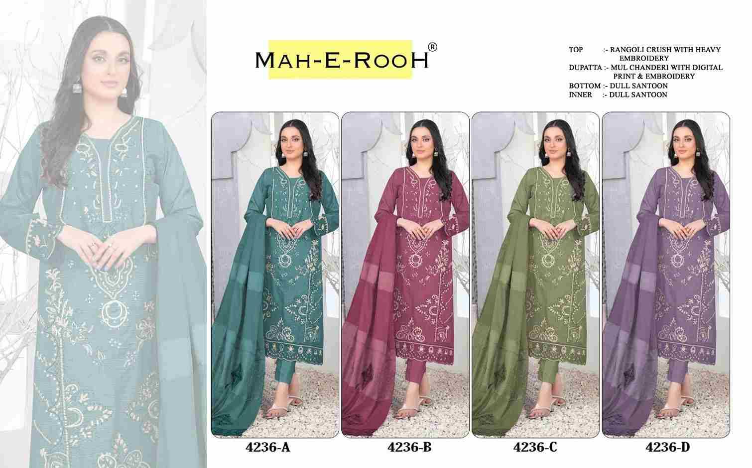 Mah-E-Rooh 4236 Colours By Fashid Wholesale 4236-A To 4236-D Series Beautiful Stylish Pakistani Suits Fancy Colorful Casual Wear & Ethnic Wear & Ready To Wear Rangoli Crush Embroidery Dresses At Wholesale Price