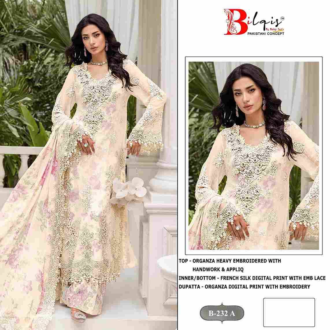 Bilqis 232 Colours By Bilqis 232-A To 232-D Series Beautiful Pakistani Suits Stylish Fancy Colorful Party Wear & Occasional Wear Organza Embroidery Dresses At Wholesale Price
