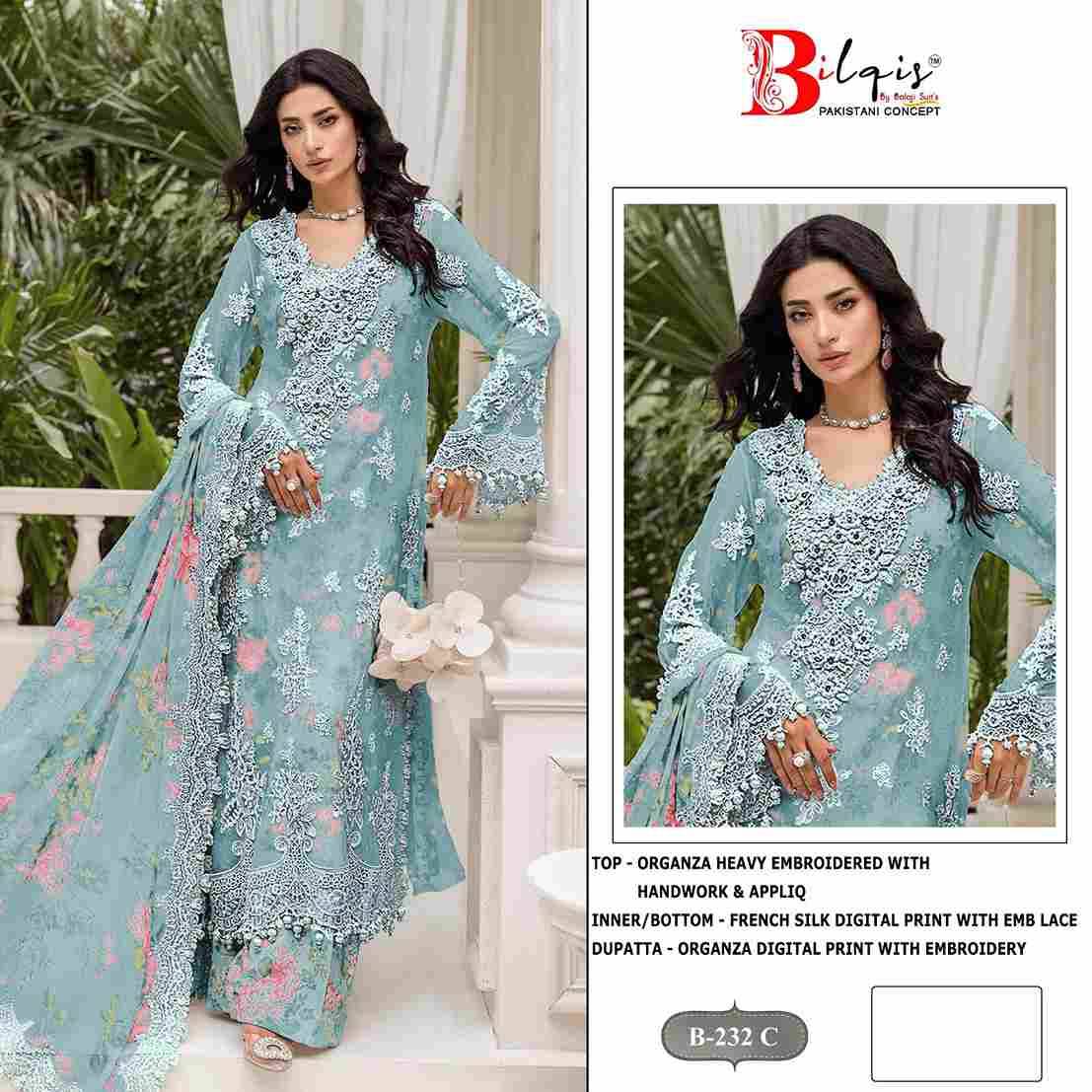 Bilqis 232 Colours By Bilqis 232-A To 232-D Series Beautiful Pakistani Suits Stylish Fancy Colorful Party Wear & Occasional Wear Organza Embroidery Dresses At Wholesale Price