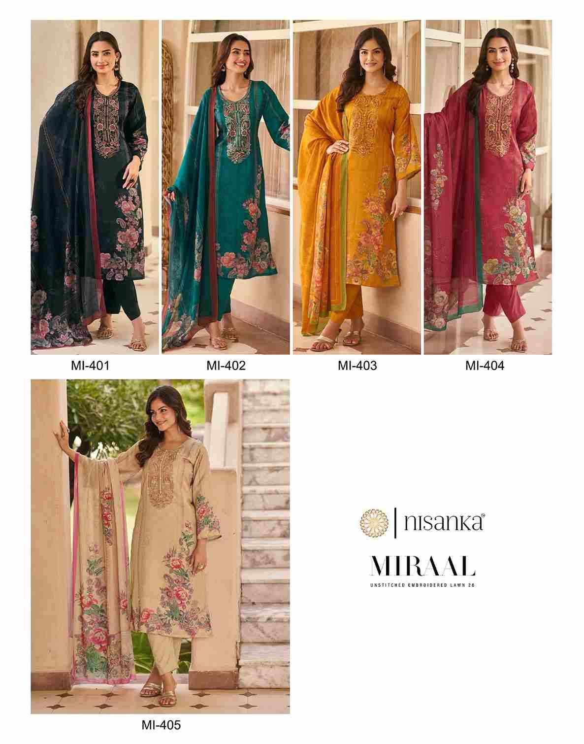 Miraal By Nisanka 401 To 405 Series Wholesale Designer Festive Suits Collection Beautiful Stylish Fancy Colorful Party Wear & Occasional Wear Pure Viscose Lawn Print Dresses At Wholesale Price