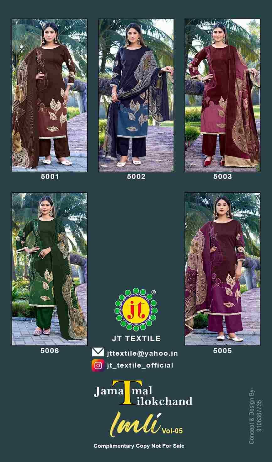 Imli Vol-5 By JT 5001 To 5005 Series Beautiful Festive Suits Colorful Stylish Fancy Casual Wear & Ethnic Wear Rayon Dresses At Wholesale Price