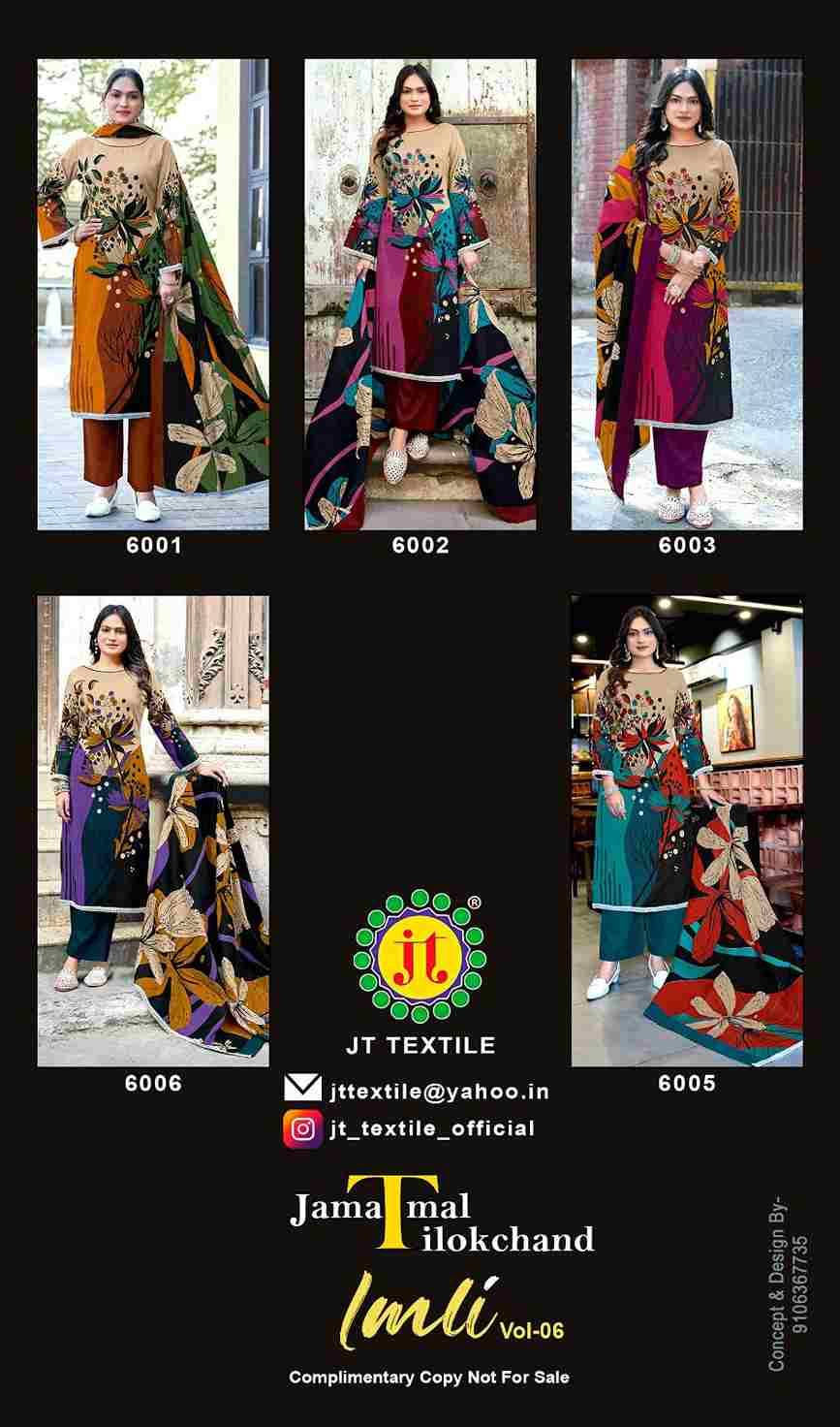Imli Vol-6 By JT 6001 To 6005 Series Beautiful Festive Suits Colorful Stylish Fancy Casual Wear & Ethnic Wear Rayon Dresses At Wholesale Price