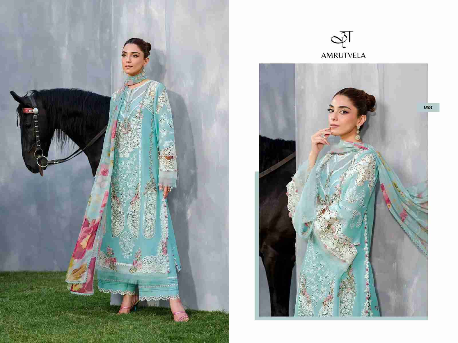 Elaf By Amrutvela 1501 To 1506 Series Pakistani Stylish Beautiful Colourful Printed & Embroidered Party Wear & Occasional Wear Pure Cotton Dresses At Wholesale Price