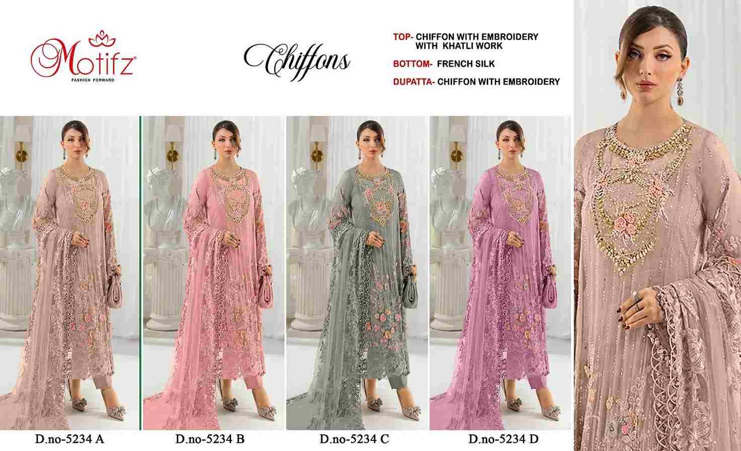 Motifz Hit Design 5234 Colours By Motifz 5234-A To 5234-D Series Beautiful Pakistani Suits Colorful Stylish Fancy Casual Wear & Ethnic Wear Chiffon Dresses At Wholesale Price