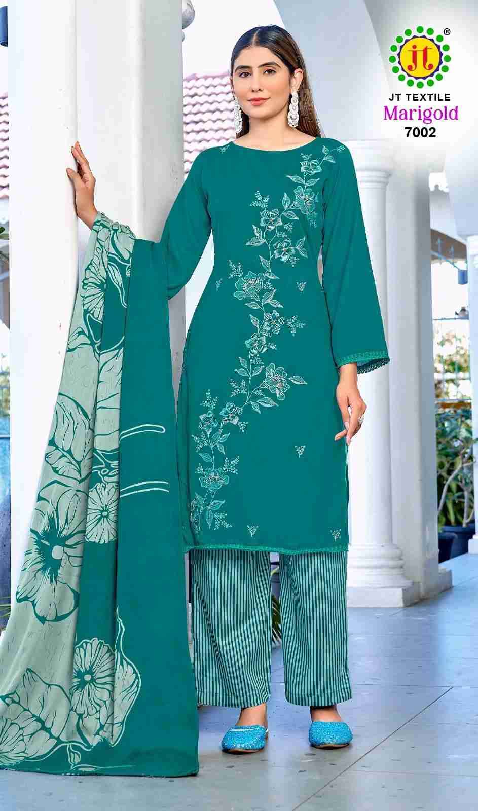 Marigold Vol-7 By JT 7001 To 7005 Series Beautiful Festive Suits Colorful Stylish Fancy Casual Wear & Ethnic Wear Rayon Dresses At Wholesale Price