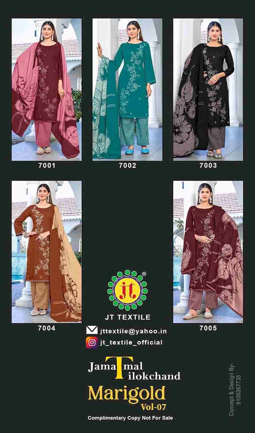 Marigold Vol-7 By JT 7001 To 7005 Series Beautiful Festive Suits Colorful Stylish Fancy Casual Wear & Ethnic Wear Rayon Dresses At Wholesale Price