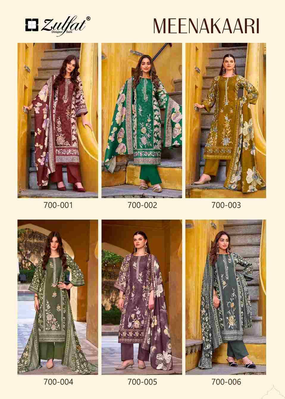 Meenakaari By Zulfat 700-001 To 700-006 Series Beautiful Festive Suits Colorful Stylish Fancy Casual Wear & Ethnic Wear Pure Jam Cotton With Embroidered Dresses At Wholesale Price