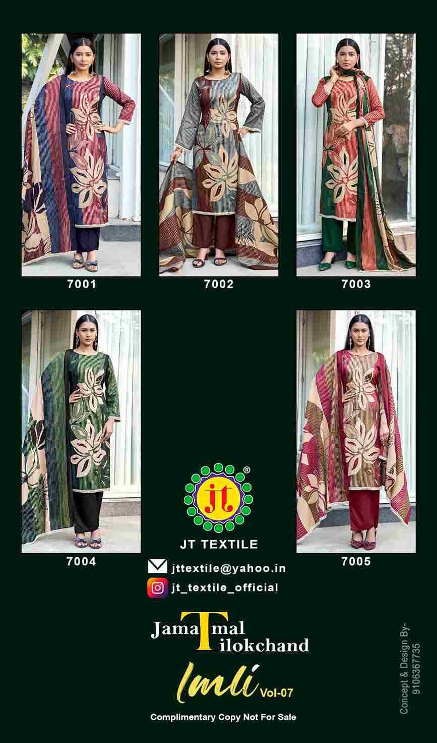 Imli Vol-7 By JT 7001 To 7005 Series Beautiful Festive Suits Colorful Stylish Fancy Casual Wear & Ethnic Wear Rayon Dresses At Wholesale Price