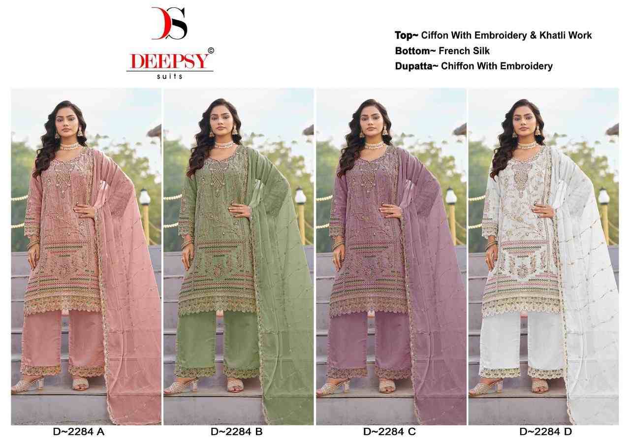 Deepsy Hit Design 2284 Colours By Deepsy Suits 2284-A To 2284-D Series Pakistani Stylish Beautiful Colourful Printed & Embroidered Party Wear & Occasional Wear Chiffon Dresses At Wholesale Price