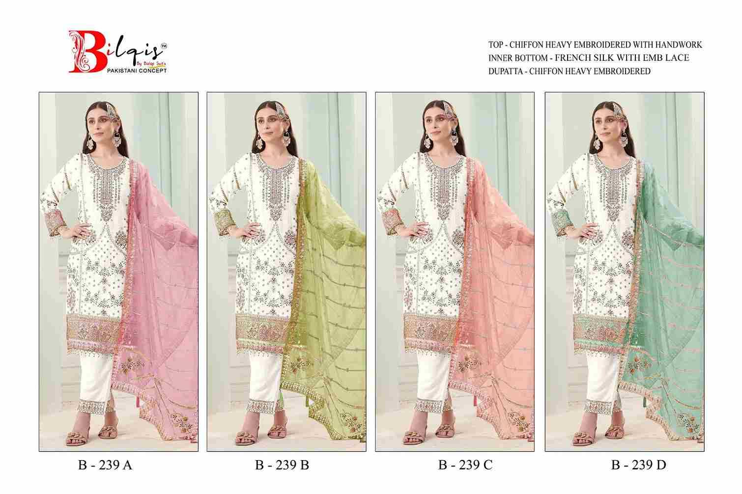 Bilqis 239 Colours By Bilqis 239-A To 239-D Series Beautiful Pakistani Suits Stylish Fancy Colorful Party Wear & Occasional Wear Chiffon Embroidery Dresses At Wholesale Price