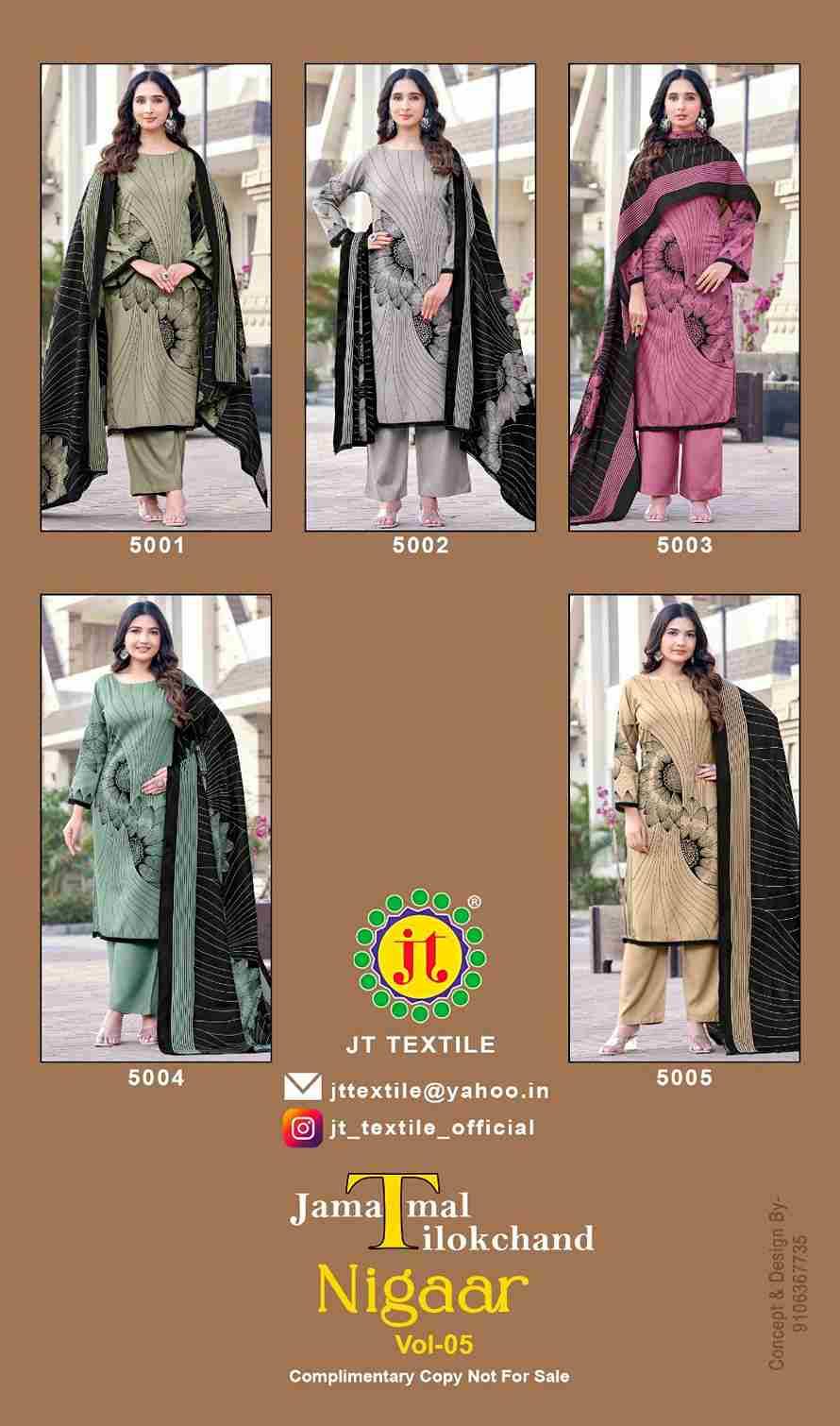 Nigaar Vol-5 By JT 5001 To 5005 Series Beautiful Festive Suits Colorful Stylish Fancy Casual Wear & Ethnic Wear Rayon Dresses At Wholesale Price
