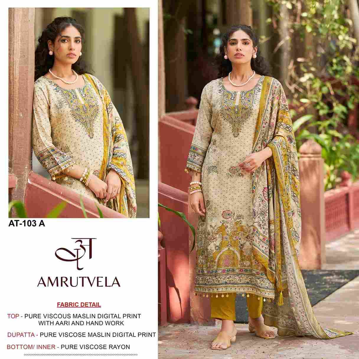 Amrutvela Hit Design AT-103 Colours By Amrutvela AT-103-A To AT-103-D Series Designer Pakistani Suits Collection Beautiful Stylish Fancy Colorful Party Wear & Occasional Wear Viscose Muslin Dresses At Wholesale Price