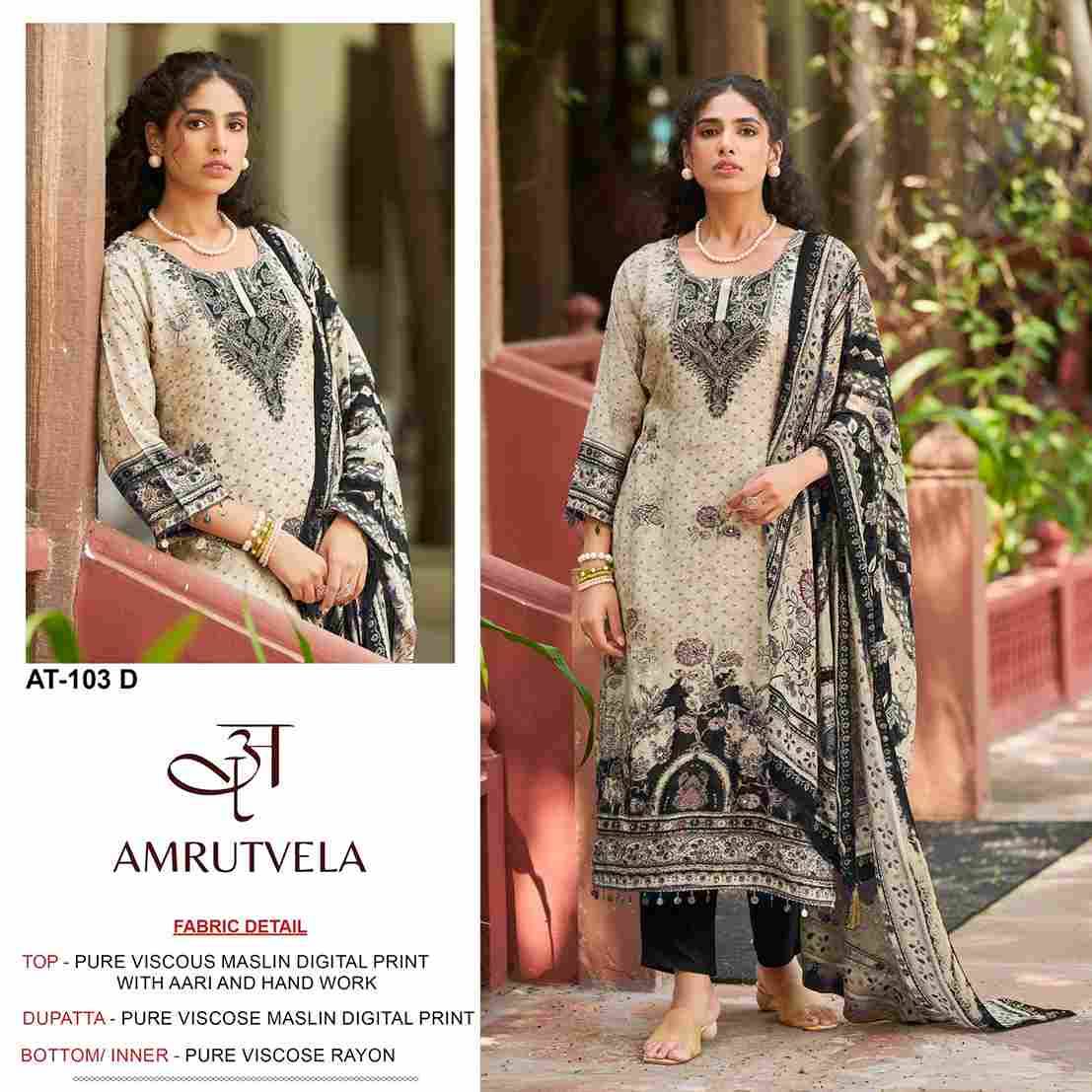 Amrutvela Hit Design AT-103 Colours By Amrutvela AT-103-A To AT-103-D Series Designer Pakistani Suits Collection Beautiful Stylish Fancy Colorful Party Wear & Occasional Wear Viscose Muslin Dresses At Wholesale Price