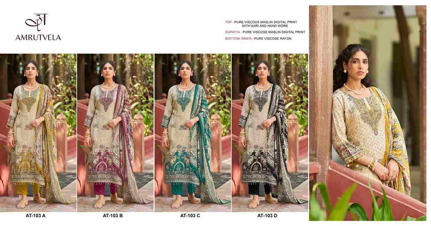 Amrutvela Hit Design AT-103 Colours By Amrutvela AT-103-A To AT-103-D Series Designer Pakistani Suits Collection Beautiful Stylish Fancy Colorful Party Wear & Occasional Wear Viscose Muslin Dresses At Wholesale Price