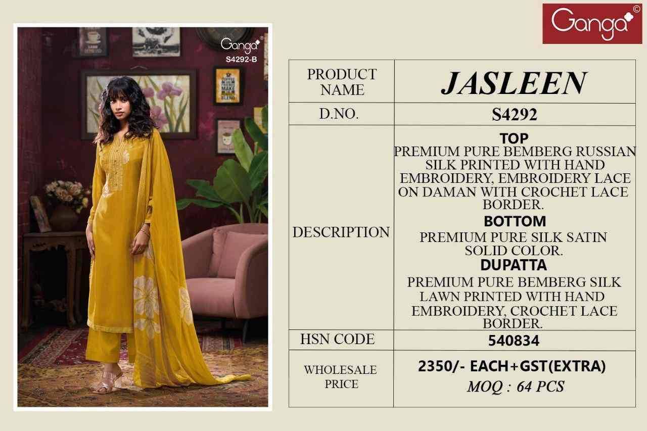Jasleen-4292 By Ganga Fashion 4292-A To 4292-D Series Beautiful Festive Suits Stylish Colorful Fancy Casual Wear & Ethnic Wear Premium Bemberg Silk Print Dresses At Wholesale Price