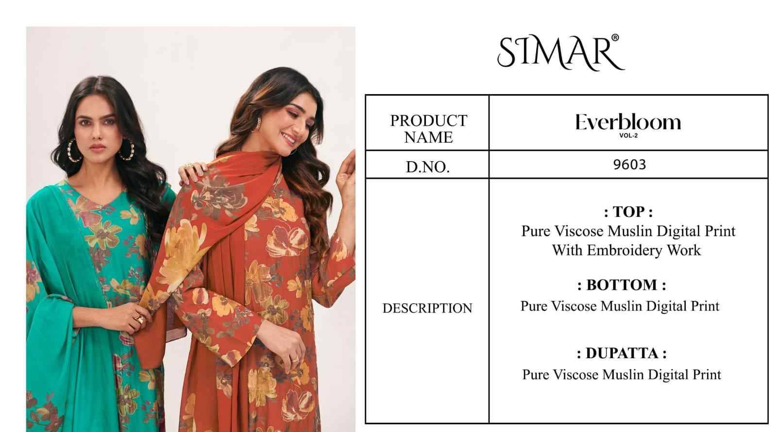 Everbloom Vol-2 By Simar 9603-A To 9603-D Series Beautiful Festive Suits Colorful Stylish Fancy Casual Wear & Ethnic Wear Premium Viscose Muslin Dresses At Wholesale Price