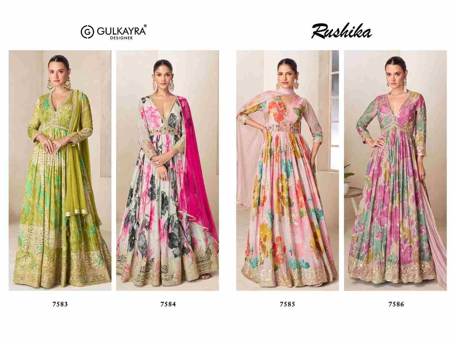 Rushika By Gulkayra Designer 7583 To 7586 Series Designer Stylish Fancy Colorful Beautiful Party Wear & Ethnic Wear Collection Chinnon Gowns With Dupatta At Wholesale Price