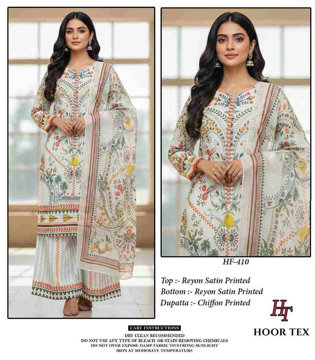 Hoor Tex Hit Design HF-409 Series By Hoor Tex HF-409 To HF-410 Series Designer Festive Pakistani Suits Collection Beautiful Stylish Fancy Colorful Party Wear & Occasional Wear Heavy Rayon Satin With Embroidered Dresses At Wholesale Price