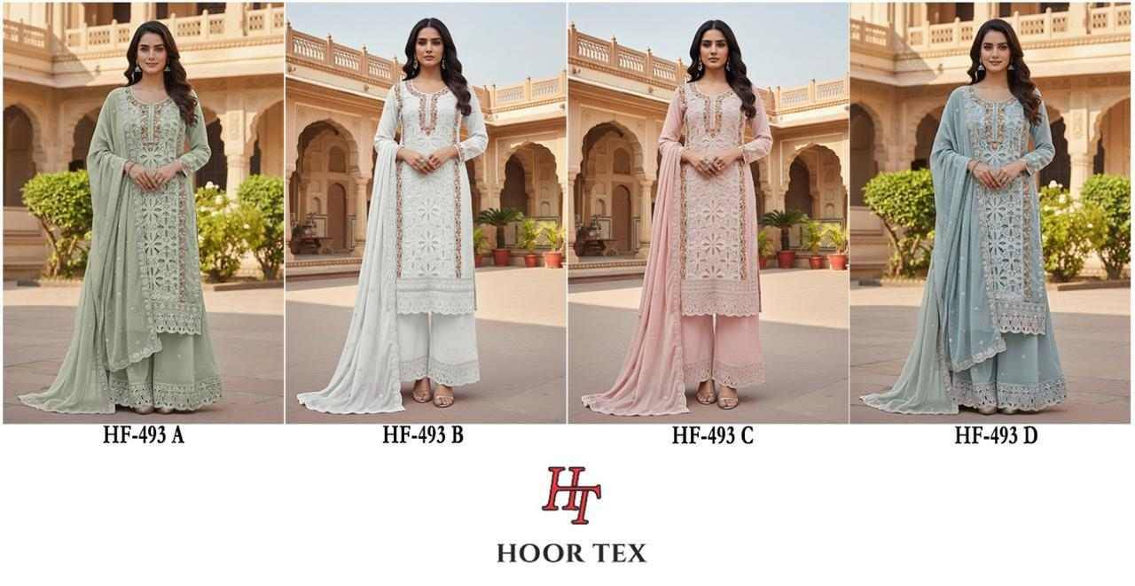 Hoor Tex Hit Design HF-493 Colours By Hoor Tex HF-493-A To HF-493-D Series Designer Festive Pakistani Suits Collection Beautiful Stylish Fancy Colorful Party Wear & Occasional Wear Heavy Georgette With Embroidered Dresses At Wholesale Price