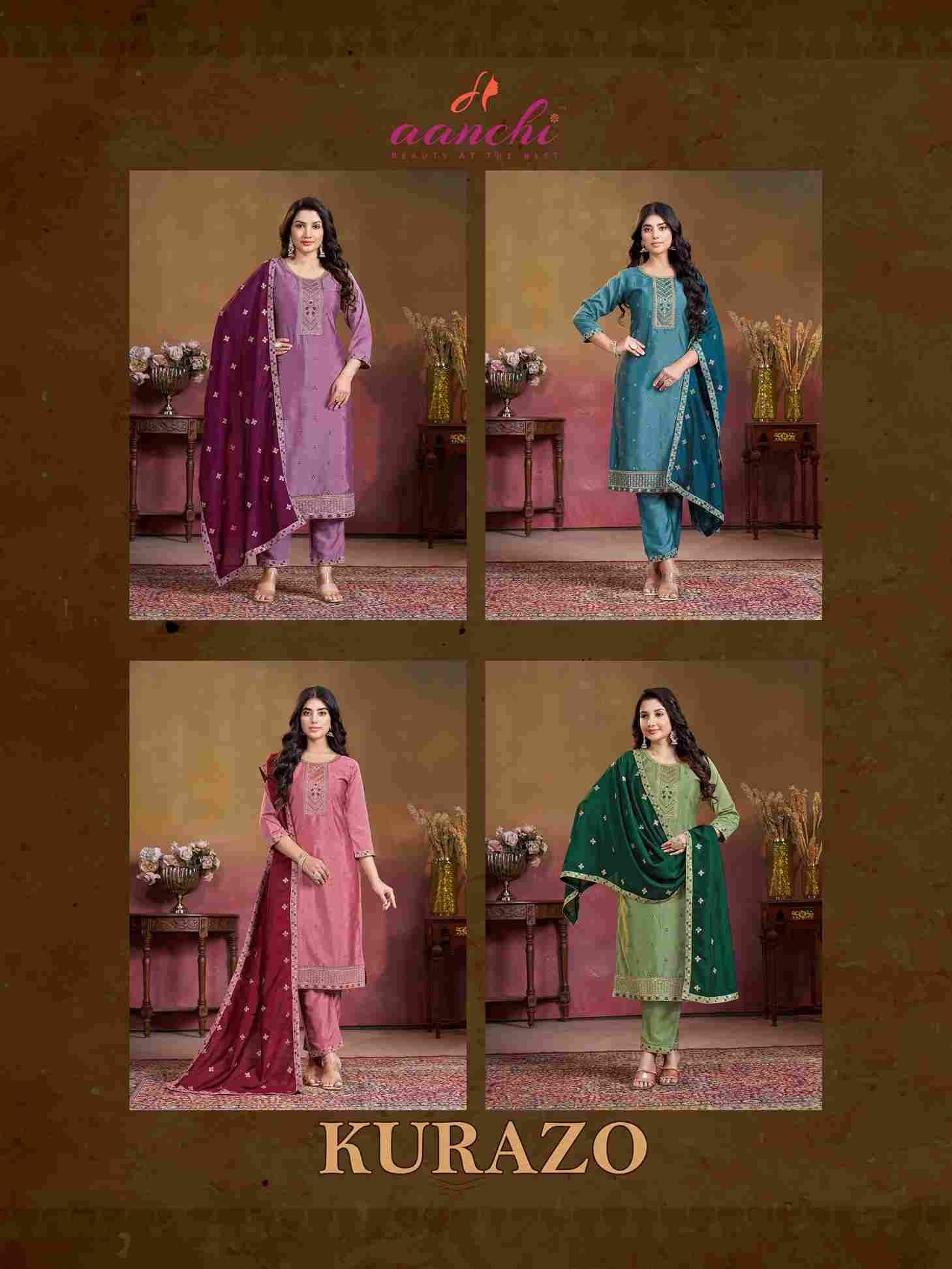Kurazo By Aanchi 1001 To 1004 Series Beautiful Stylish Festive Suits Fancy Colorful Casual Wear & Ethnic Wear & Ready To Wear Roman Silk Dresses At Wholesale Price