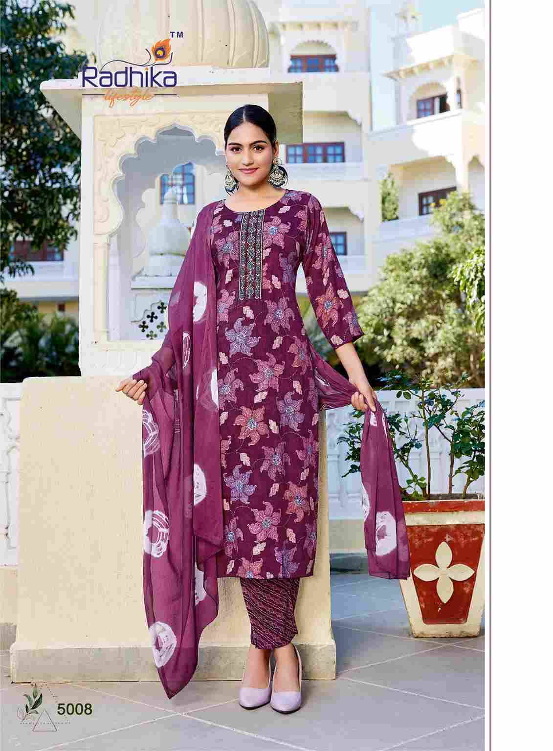 Siri Vol-5 By Radhika Lifestyle 5001 To 5008 Series Beautiful Festive Suits Colorful Stylish Fancy Casual Wear & Ethnic Wear Rayon Print With Work Dresses At Wholesale Price