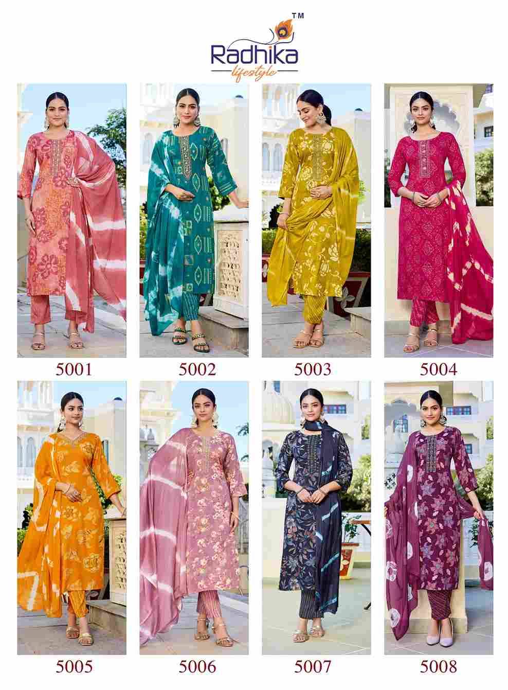 Siri Vol-5 By Radhika Lifestyle 5001 To 5008 Series Beautiful Festive Suits Colorful Stylish Fancy Casual Wear & Ethnic Wear Rayon Print With Work Dresses At Wholesale Price