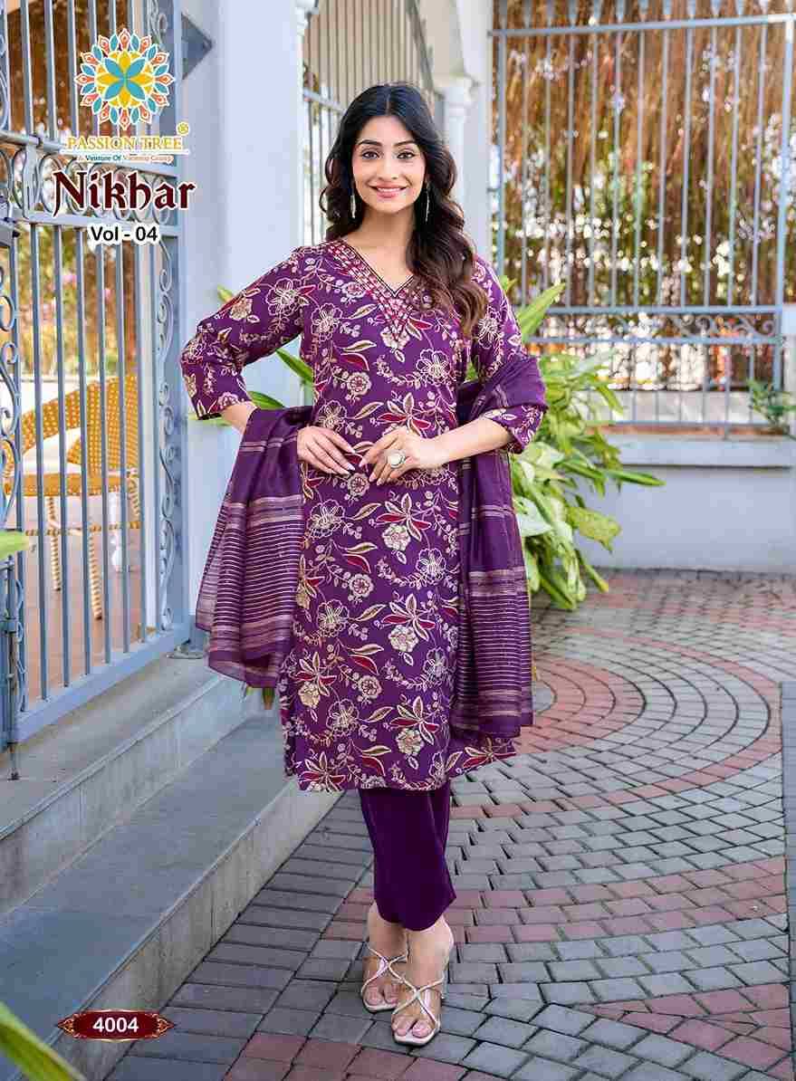 Nikhar Vol-4 By Passion Tree 4001 To 4008 Series Beautiful Stylish Festive Suits Fancy Colorful Casual Wear & Ethnic Wear & Ready To Wear Rayon Foil Dresses At Wholesale Price