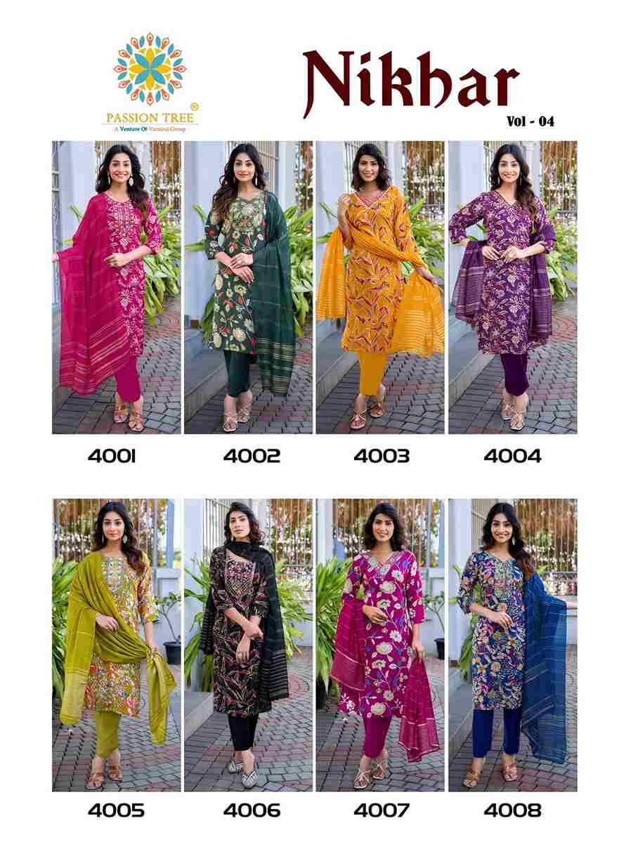 Nikhar Vol-4 By Passion Tree 4001 To 4008 Series Beautiful Stylish Festive Suits Fancy Colorful Casual Wear & Ethnic Wear & Ready To Wear Rayon Foil Dresses At Wholesale Price