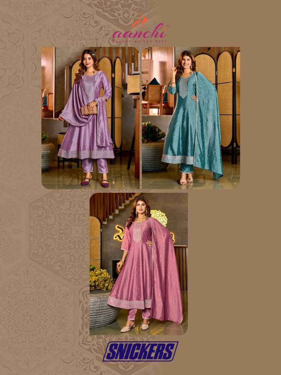 Snickers By Aanchi 01 To 03 Series Beautiful Stylish Anarkali Suits Fancy Colorful Casual Wear & Ethnic Wear & Ready To Wear Vichitra Silk Dresses At Wholesale Price