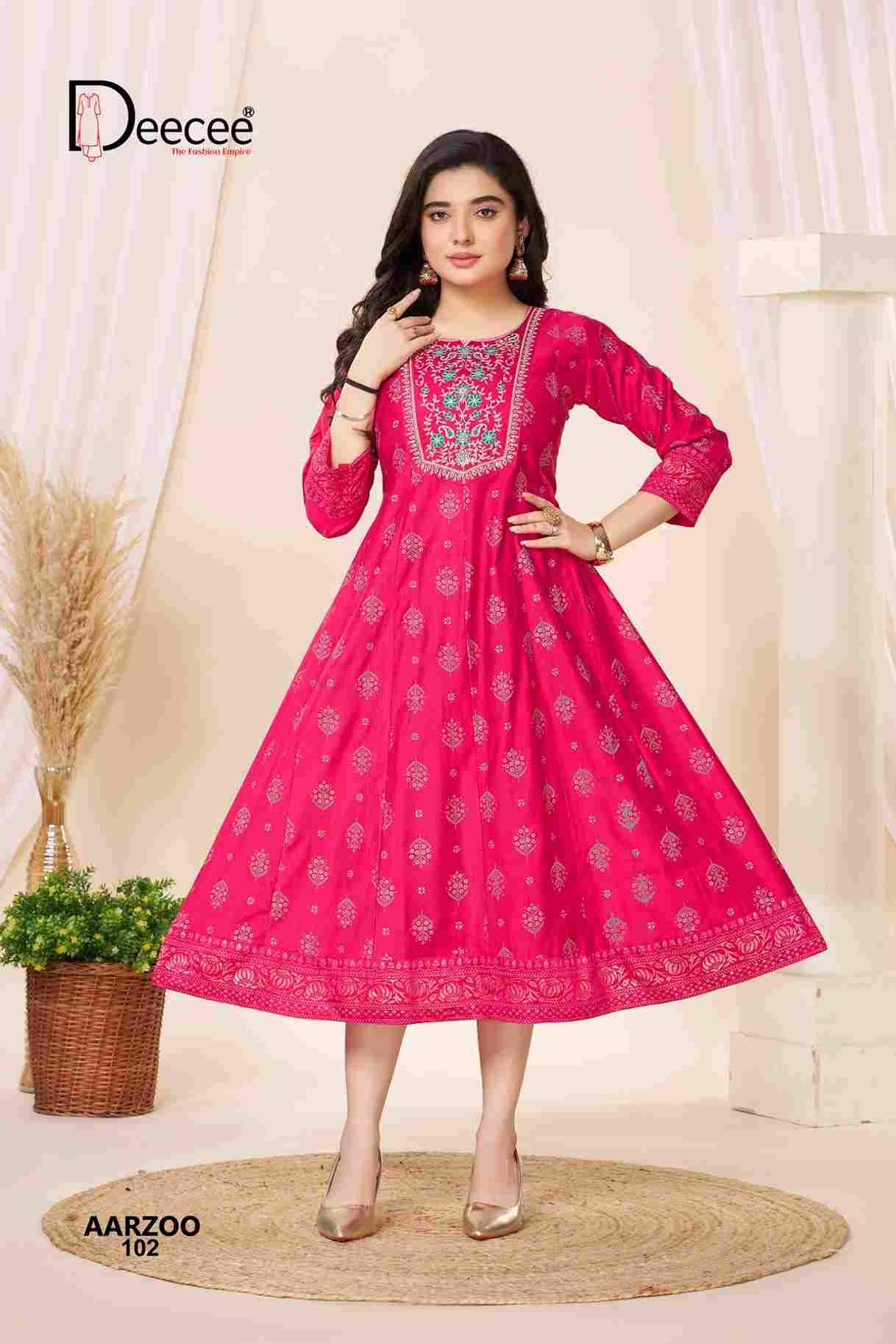 Aarzoo By Dee Cee 101 To 106 Series Designer Stylish Fancy Colorful Beautiful Party Wear & Ethnic Wear Collection Gadhwal Foil Print Gown At Wholesale Price