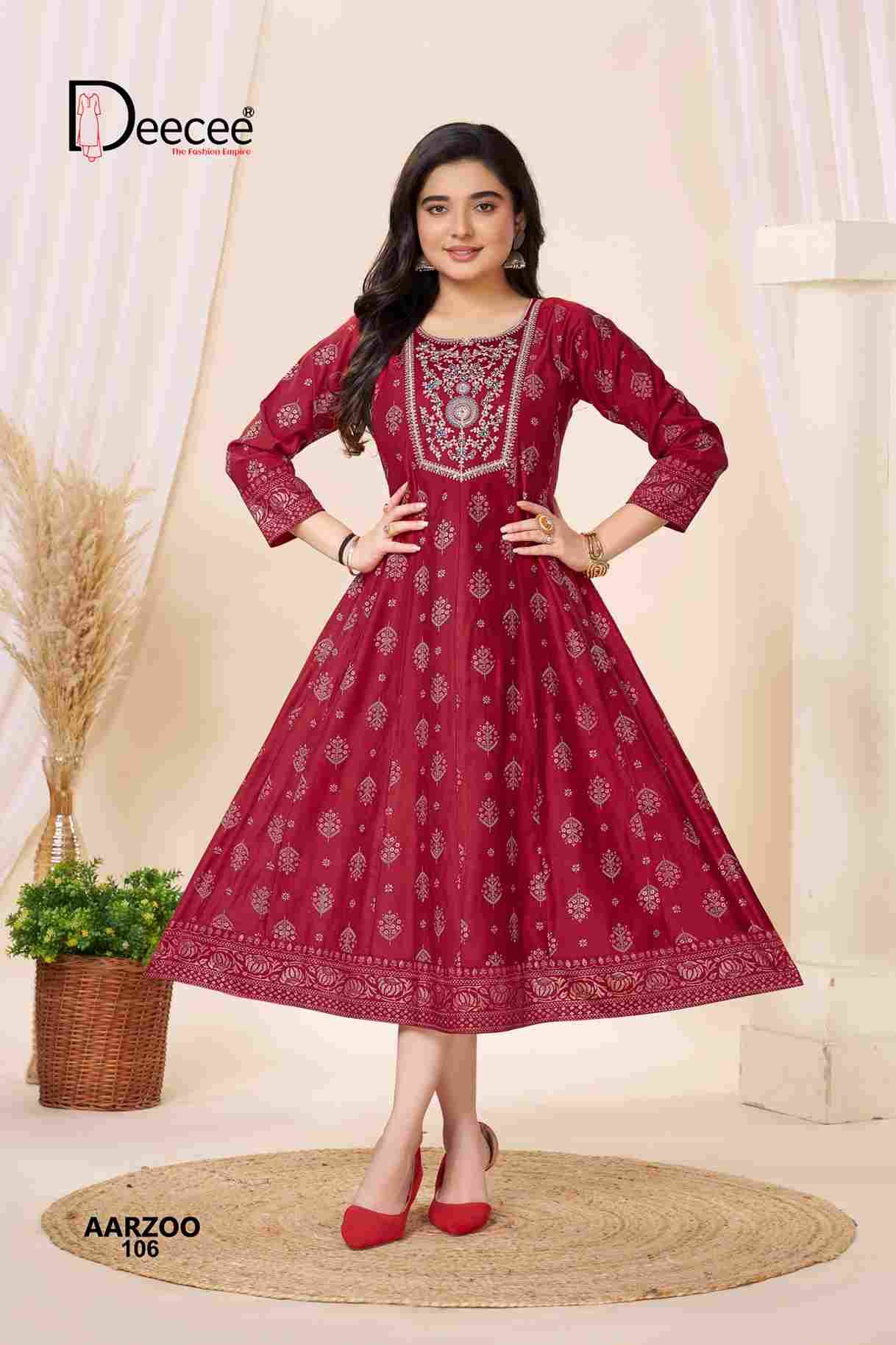 Aarzoo By Dee Cee 101 To 106 Series Designer Stylish Fancy Colorful Beautiful Party Wear & Ethnic Wear Collection Gadhwal Foil Print Gown At Wholesale Price