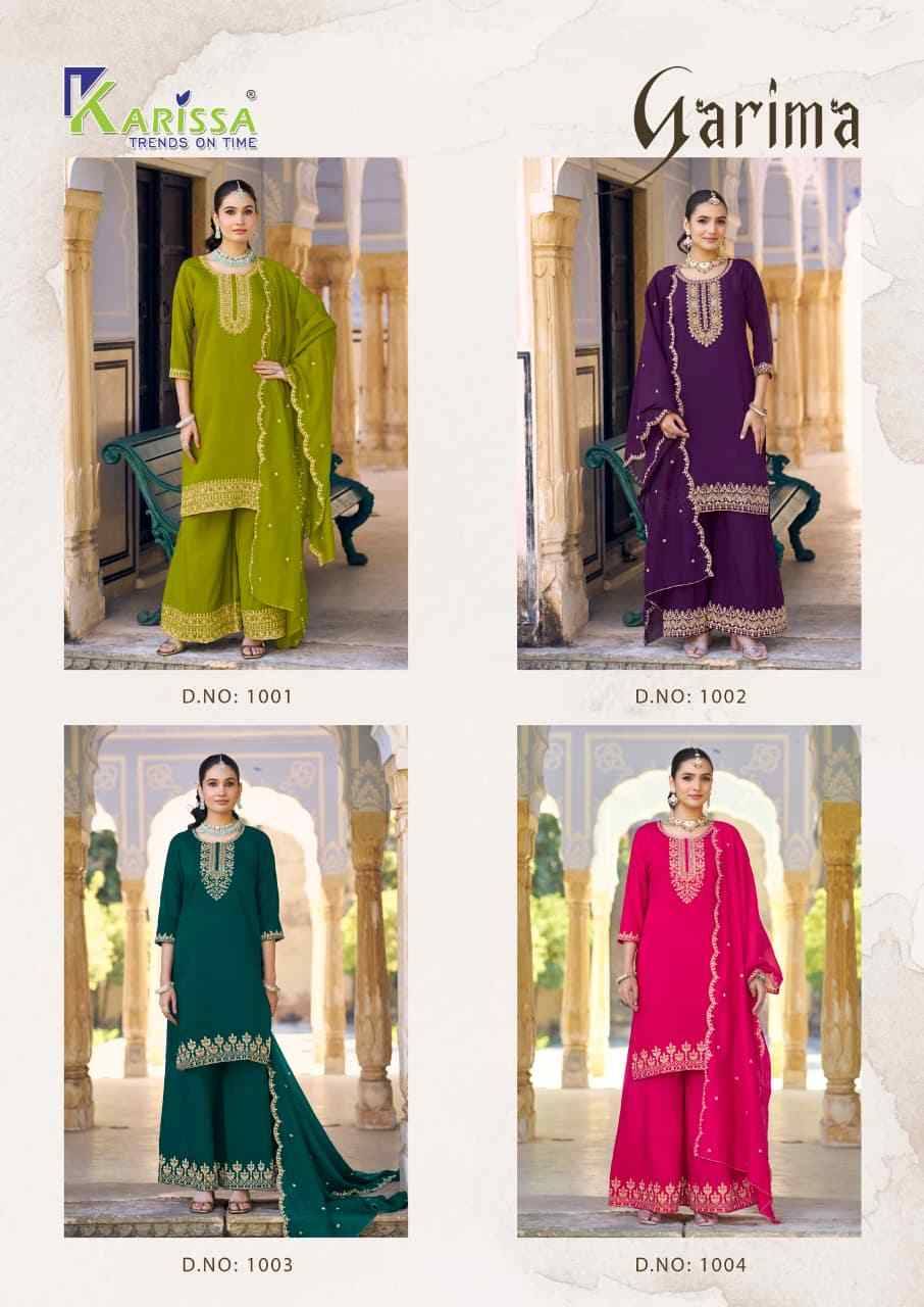 Garima By Karissa 1001 To 1004 Series Designer Festive Suits Collection Beautiful Stylish Fancy Colorful Party Wear & Occasional Wear Roman Silk Dresses At Wholesale Price