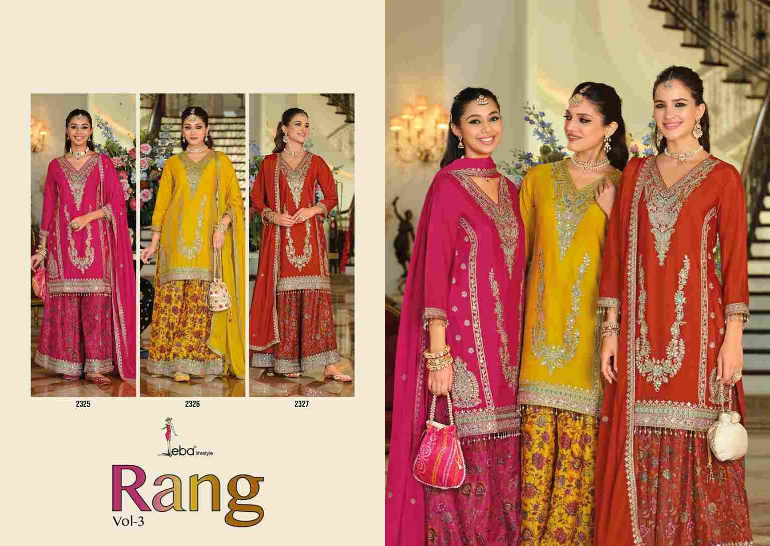 Rang Vol-3 By Eba Lifestyle 2325 To 2327 Series Beautiful Stylish Sharara Suits Fancy Colorful Casual Wear & Ethnic Wear & Ready To Wear Heavy Chinnon Dresses At Wholesale Price