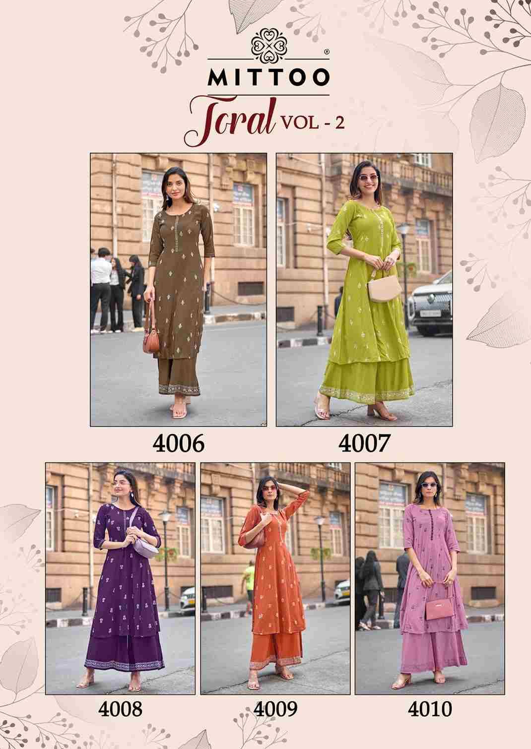 Toral Vol-2 By Mittoo 4006 To 4010 Series Designer Stylish Fancy Colorful Beautiful Party Wear & Ethnic Wear Collection Rayon Print Kurtis With Bottom At Wholesale Price
