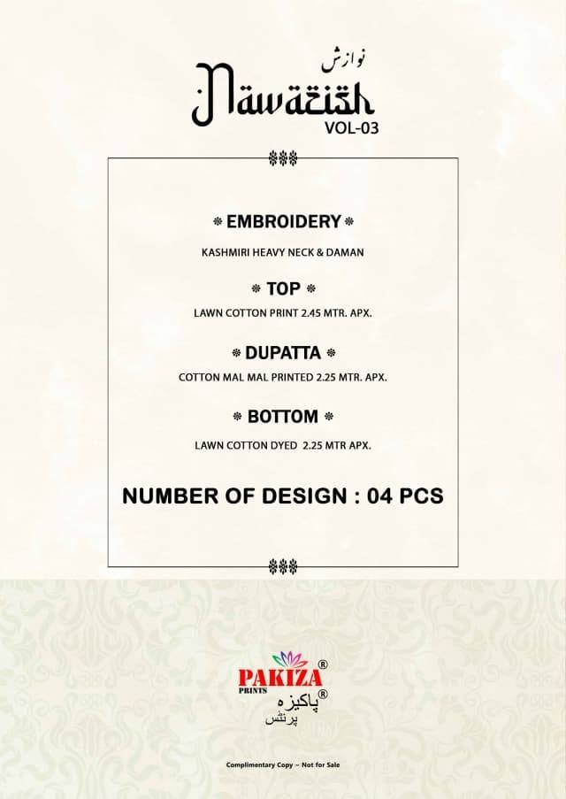Nawazish Vol-3 By Pakiza Prints 301 To 304 Series Beautiful Festive Suits Stylish Fancy Colorful Party Wear & Occasional Wear Lawn Cotton Print Dresses At Wholesale Price