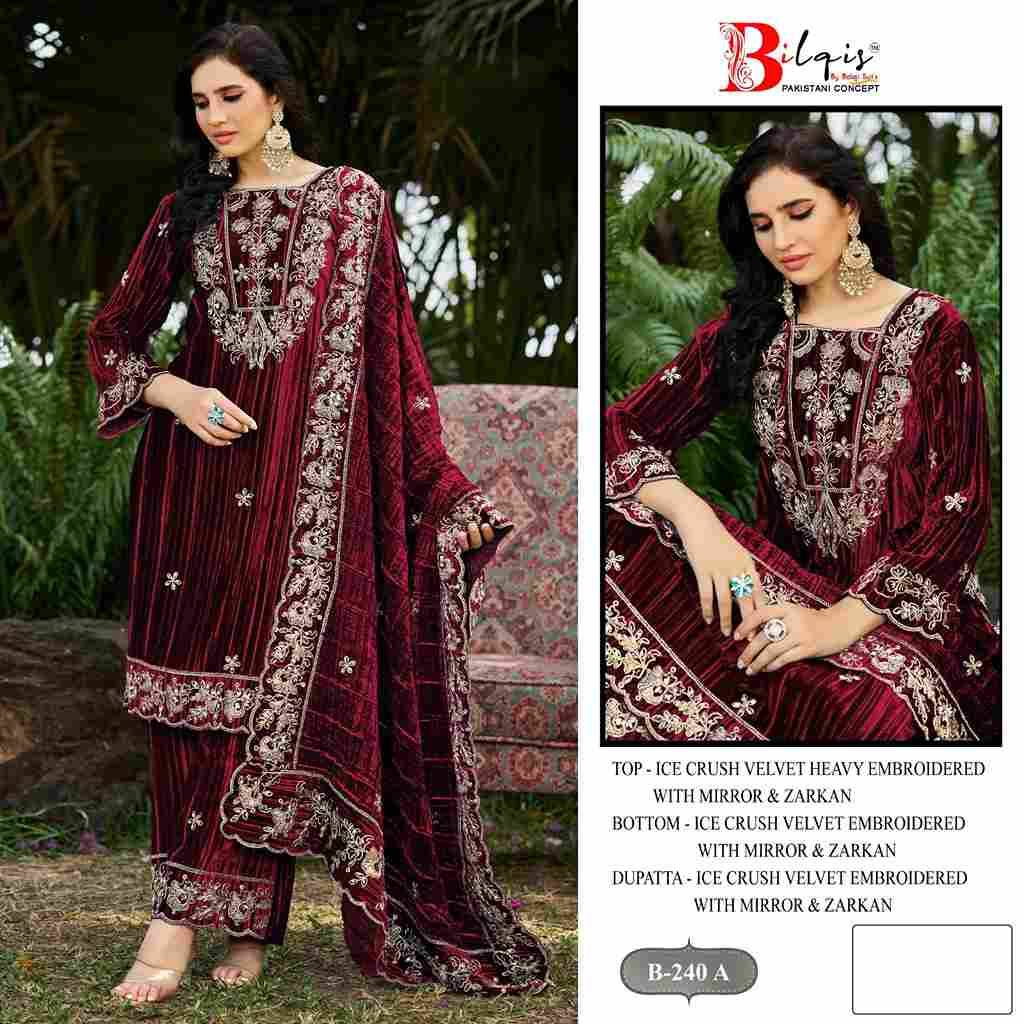 Bilqis 240 Colours By Bilqis 240-A To 240-D Series Beautiful Pakistani Suits Stylish Fancy Colorful Party Wear & Occasional Wear Velvet Embroidery Dresses At Wholesale Price