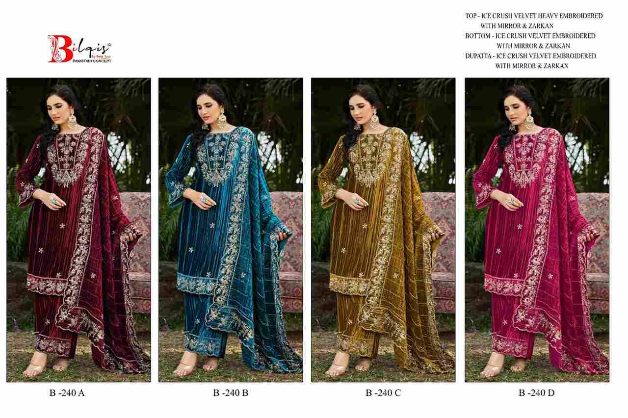 Bilqis 240 Colours By Bilqis 240-A To 240-D Series Beautiful Pakistani Suits Stylish Fancy Colorful Party Wear & Occasional Wear Velvet Embroidery Dresses At Wholesale Price