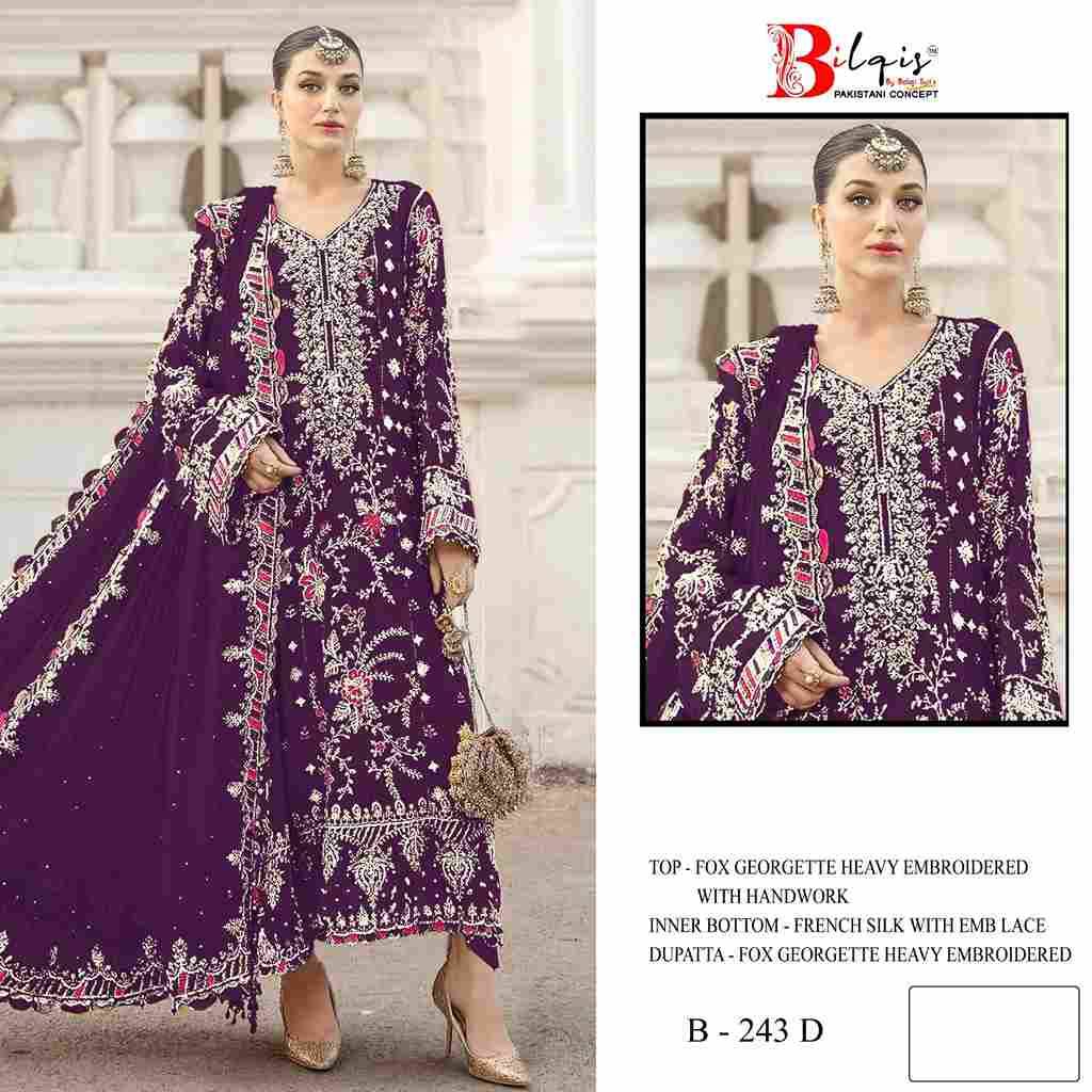 Bilqis 243 Colours By Bilqis 243-A To 243-E Series Beautiful Pakistani Suits Stylish Fancy Colorful Party Wear & Occasional Wear Faux Georegtte Embroidery Dresses At Wholesale Price