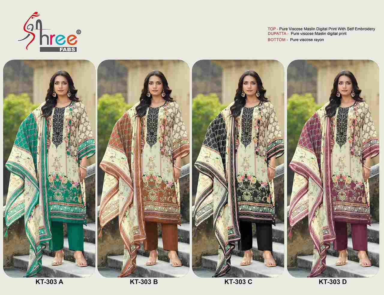 Shree Fabs Hit Design Kt-303 Colours By Shree Fabs KT-303-A To KT-303-D Series Designer Pakistani Suits Beautiful Fancy Stylish Colorful Party Wear & Occasional Wear Pure Viscose Muslin Embroidery Dresses At Wholesale Price