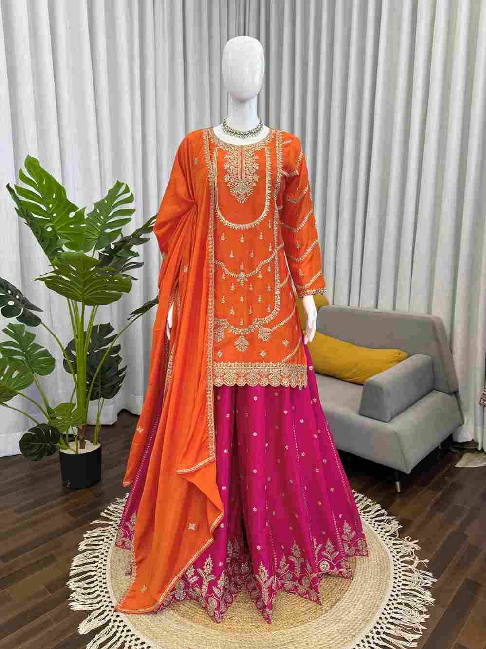 R-5969 By Fashid Wholesale Sharara Beautiful Festive Suits Colorful Stylish Fancy Casual Wear & Ethnic Wear Chinnon Silk Dresses At Wholesale Price