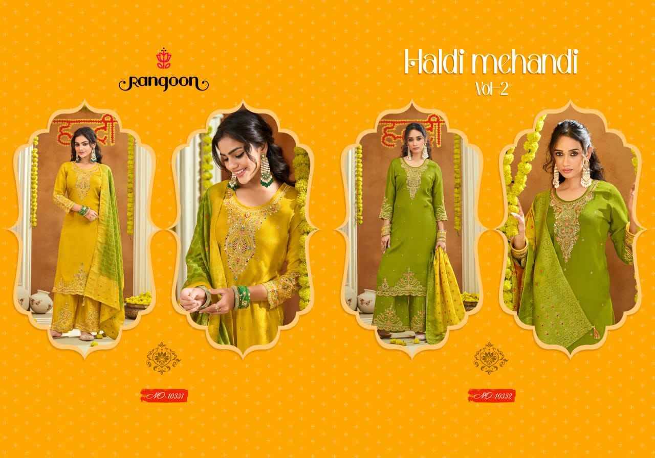 Haldi Mehndi Vol-2 By Rangoon 10331 To 10332 Series Beautiful Stylish Festive Suits Fancy Colorful Casual Wear & Ethnic Wear & Ready To Wear Chinnon With Work Dresses At Wholesale Price
